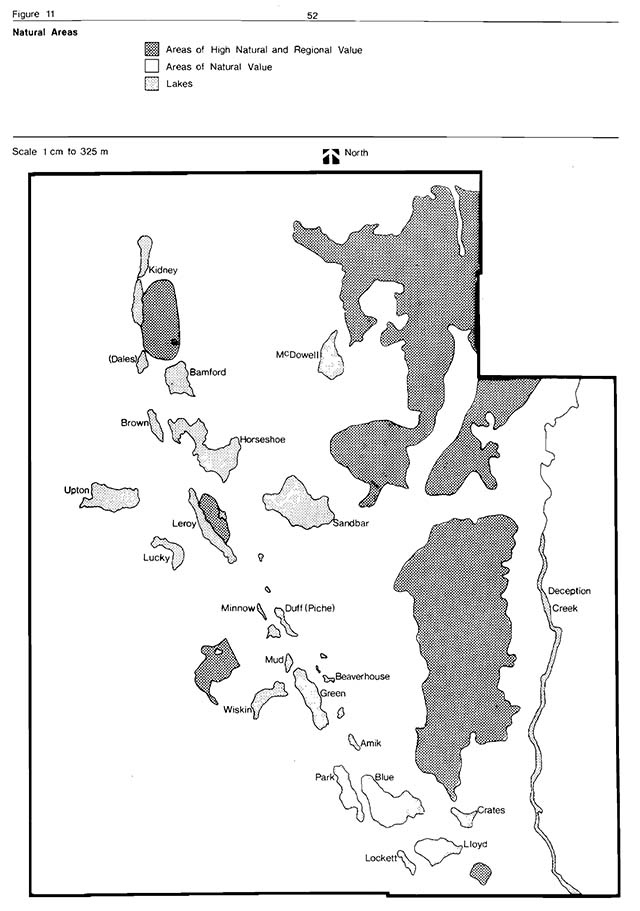 Greyscale map indicates areas of high and neutral regional value and lakes with shades of grey.