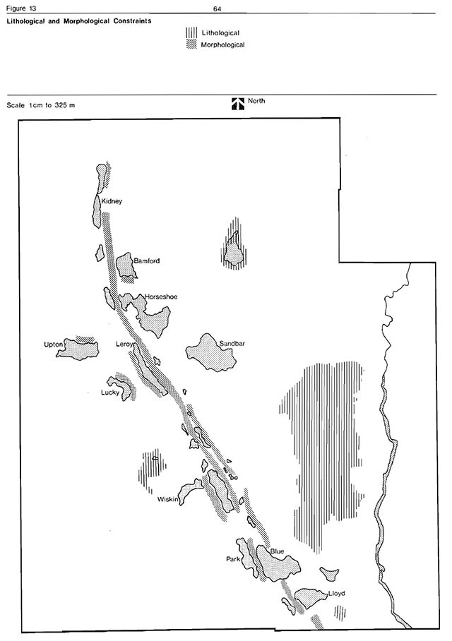 Greyscale map indicates areas of lithological and morphological contraint with shades of grey.