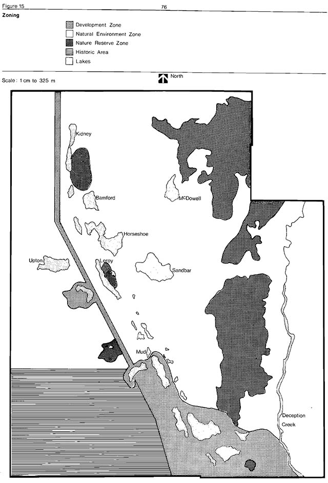 Greyscale map indicates development, natural environment, nature reserve, historic, and lake zones with shades of grey.
