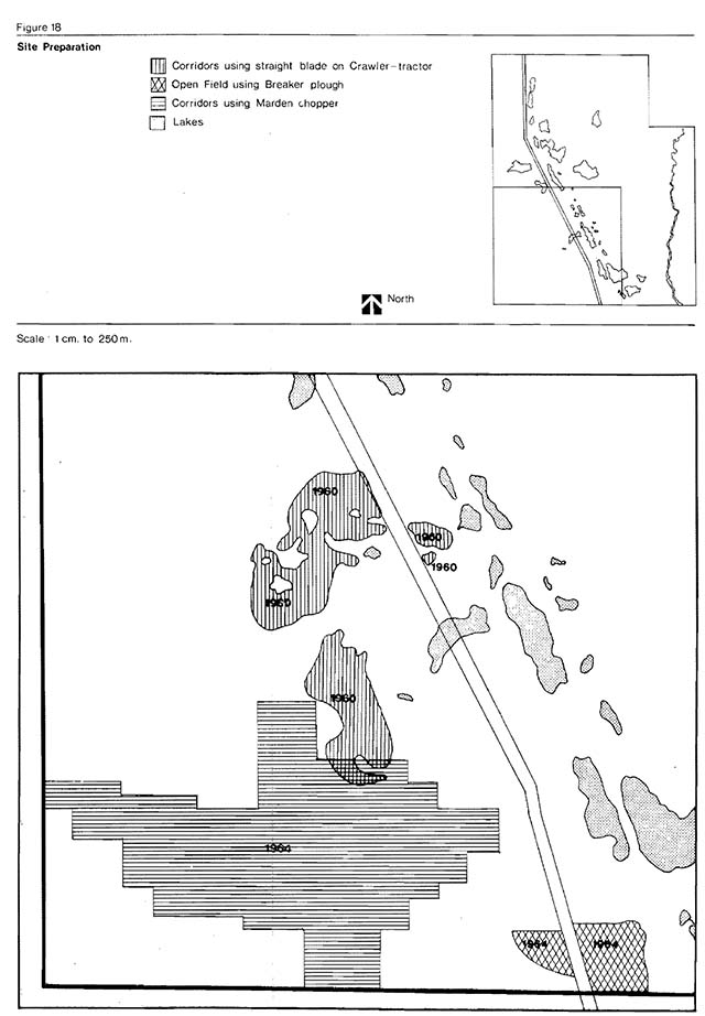 Greyscale map indicates four types of areas in which site preperation activities take place with shades of grey.