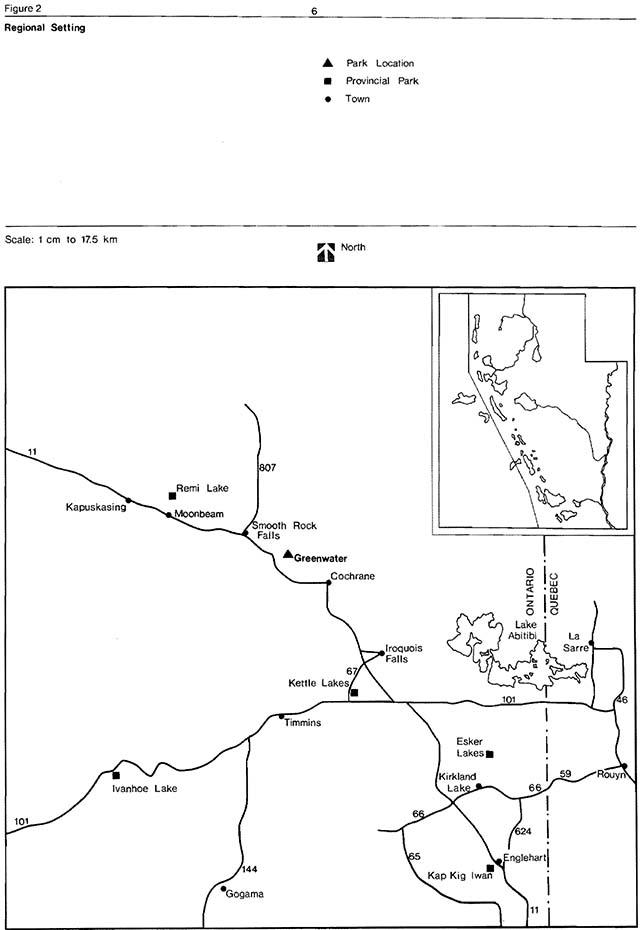 Black and white line drawing of Ontario indicates features of regional setting.