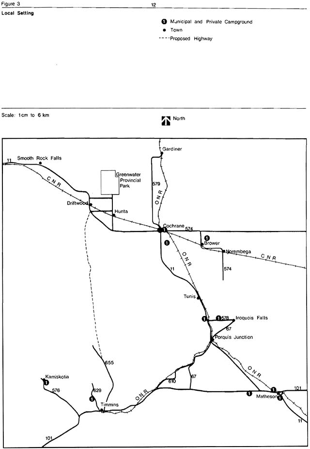 Black and white line drawing map indicates features of the local setting.