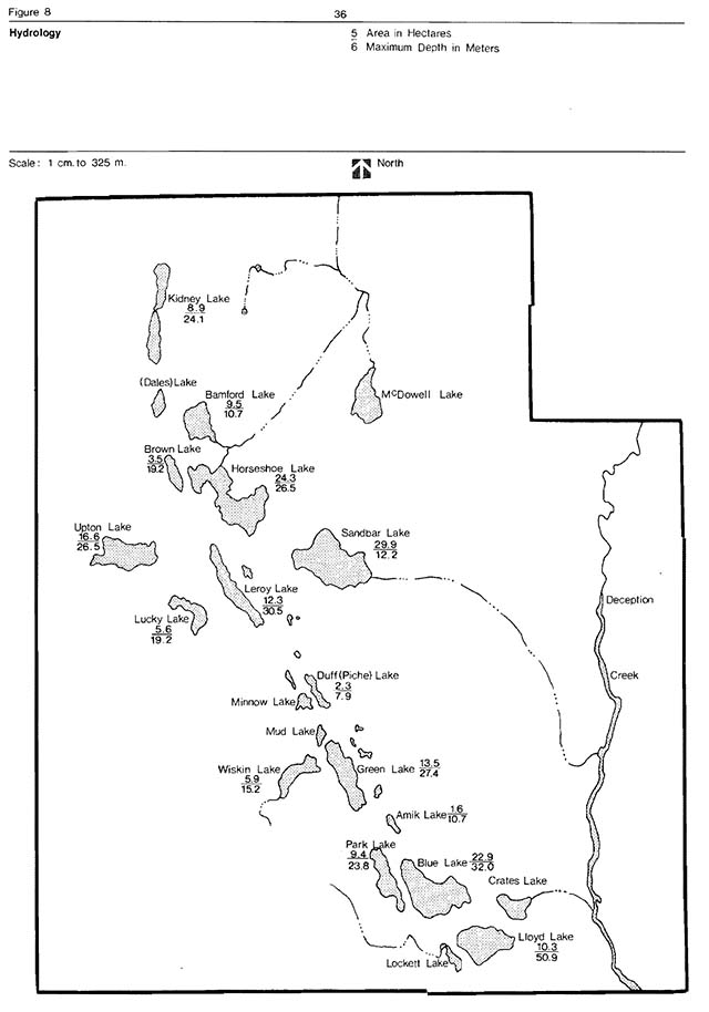 Greyscale map of the park area indicates lakes adn water bodies with light grey shaded areas.