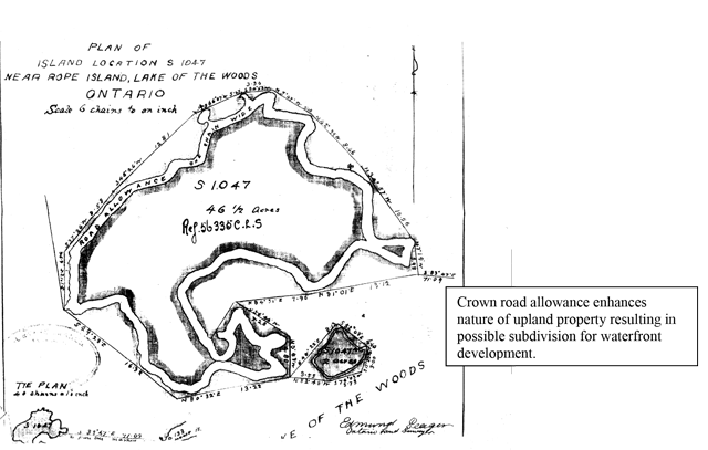 Greyscale line drawing of a map showing the plan of island location near Rope Island, Lake of the Woods in Ontario.