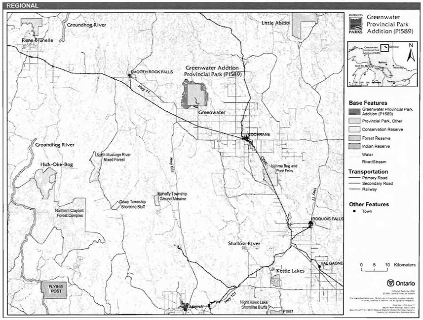 This map shows the regional setting for Greenwater provincial park addition