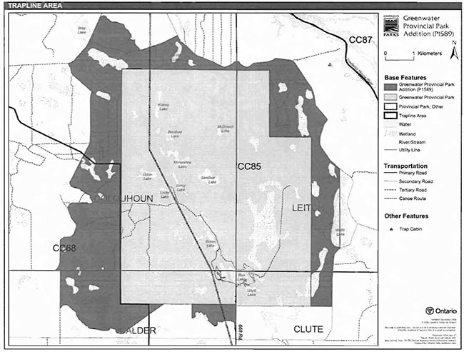 This photo shows the map of trap line areas in Greenwater provincial park addition