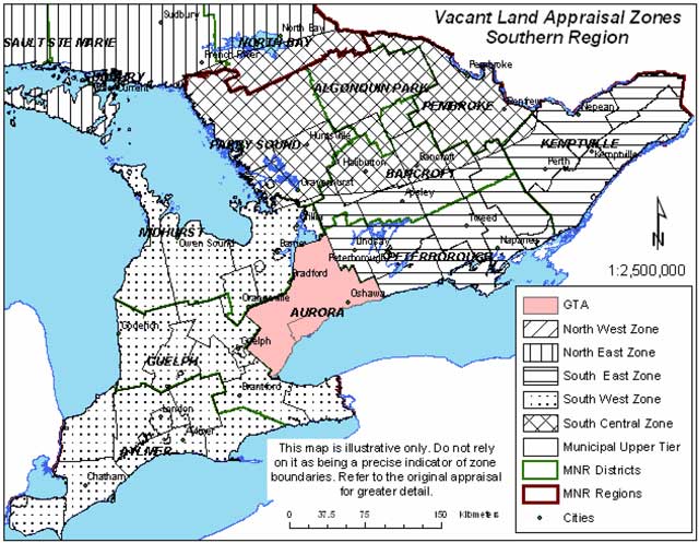 Map showing vacant land appraisal zones in Southern Ontario
