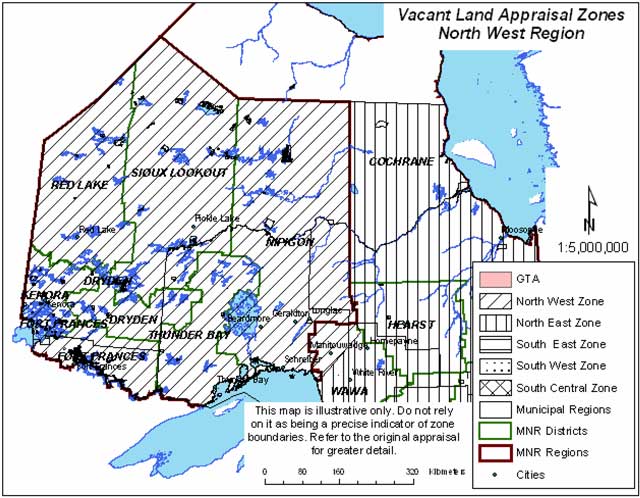 Map showing vacant land appraisal zones in Northwestern Ontario