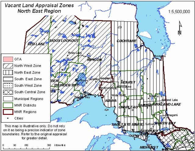 Map showing vacant land appraisal zones in Northeastern Ontario
