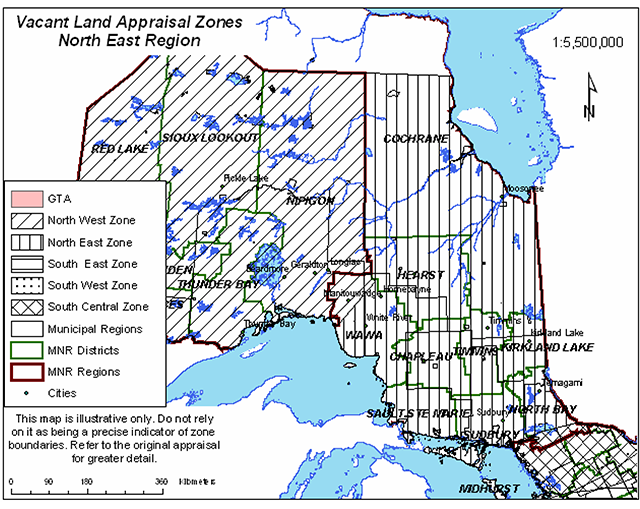 Zonal Land Value Map showing vacant land appraisal zones in Northeastern Ontario.