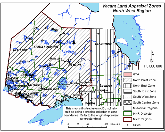 Zonal Land Value Map showing vacant land appraisal zones in Northwestern Ontario.