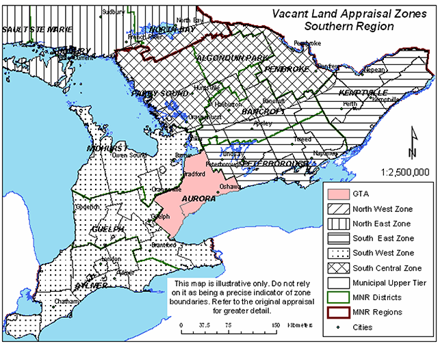 Zonal Land Value Map showing vacant land appraisal zones in Southern Ontario.