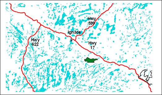 Map showing Gulliver River Conservation Reserve in relation to the town of Ignance and Highway 17