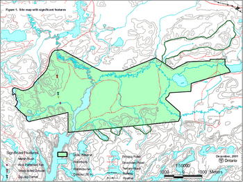 Map showing significant features within Gulliver River Conservation Reserve