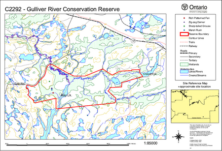 Map showing the various ecologies, trails, railways, road, wetlands and waterbodies inside of Gulliver River Conservation Reserve