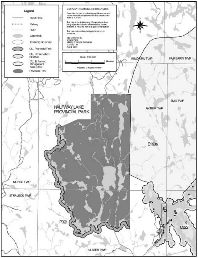 Map indicating park boundary of Halfway Lake Provincial Park