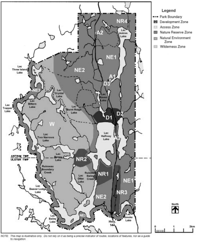 Map indicating different zones inside of Halfway Lake Provincial Park
