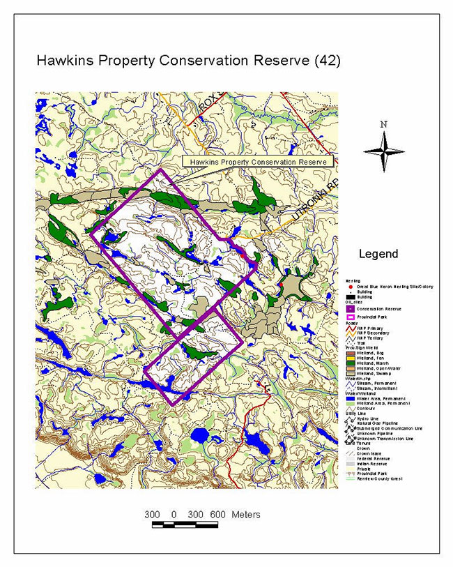 This photo shows a detailed site map of Hawkins Property Conservation Reserve.