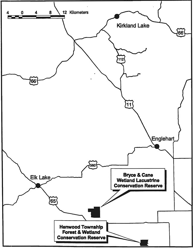 This is a map showing the location of Henwood Township Forest and Wetland Conservation Reserve and Bryce and Crane Wetland Lacustrine Conservation Reserve.
