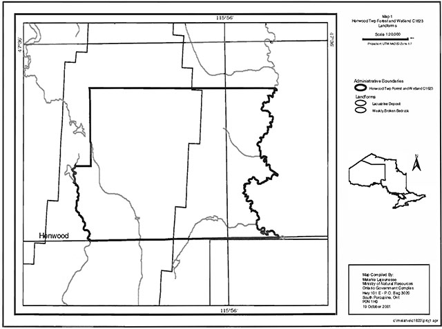 This is a map showing the landforms of Henwood Township Forest and Wetland Conservation Reserve and Bryce and Crane Wetland Lacustrine Conservation Reserve.