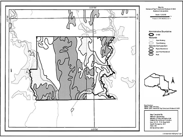 This is a map showing the species composition of Henwood Township Forest and Wetland Conservation Reserve and Bryce and Crane Wetland Lacustrine Conservation Reserve.
