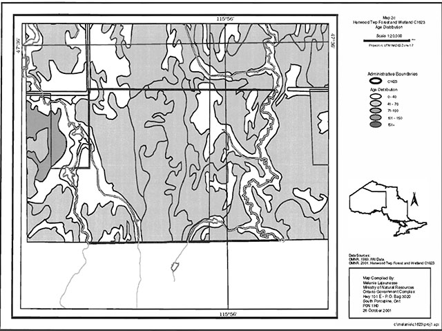 This is a map showing the age distribution of Henwood Township Forest and Wetland Conservation Reserve and Bryce and Crane Wetland Lacustrine Conservation Reserve.