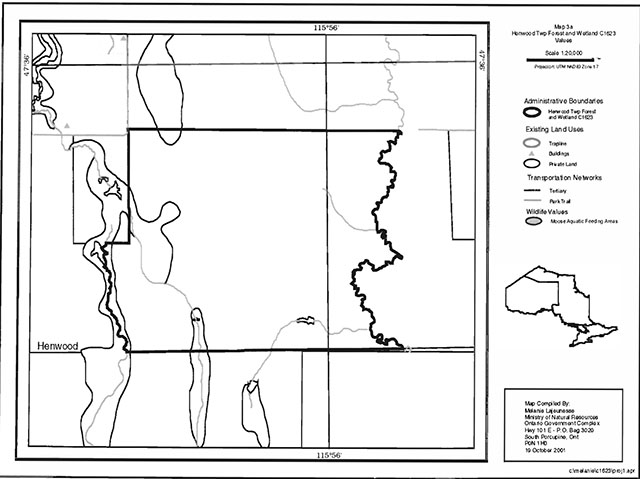 This is a map showing the administrative boundary values of Henwood Township Forest and Wetland Conservation Reserve and Bryce and Crane Wetland Lacustrine Conservation Reserve.