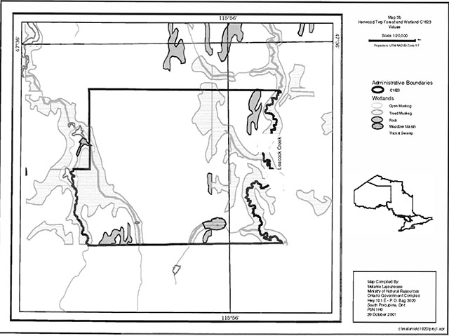 This is a map showing the administrative boundary values of Henwood Township Forest and Wetland Conservation Reserve and Bryce and Crane Wetland Lacustrine Conservation Reserve.