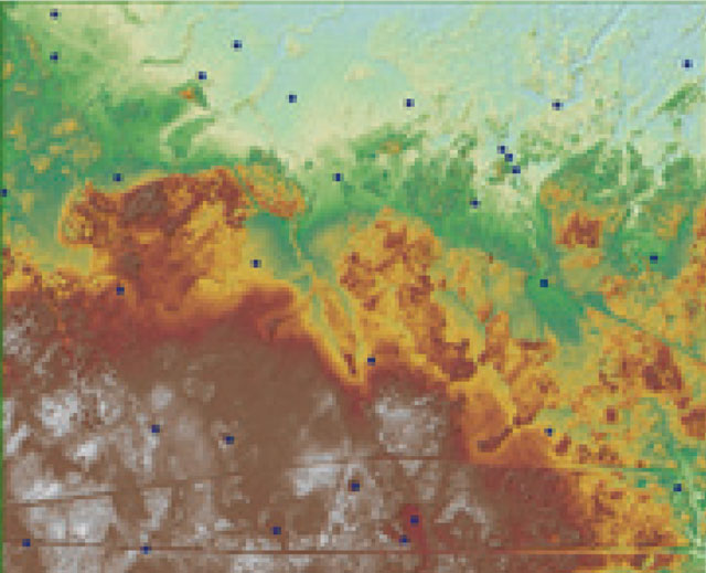An elevation map showing elevation points marked with dark blue/black dots.