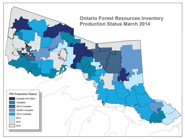 Map of Ontario showing the current status of Forest Resources Inventory (FRI) production. Areas with complete (pre 2005) Forest Resources Inventory (FRI) production status are indicated with royal blue, areas with a complete status are indicated with teal blue, areas that are greater than 90% complete are indicated with prussian blue, areas that are 50% to 90% complete are indicated with cornflower blue, areas that are less than 50% complete are indicated with azure blue, areas showing statuses in 2014 are indicated with baby blue, and areas showing statuses in 2015 and 2016 are indicated with grey.