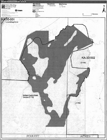 map of Hicks-Oke Bog Provincial Park showing the Bear Management Areas