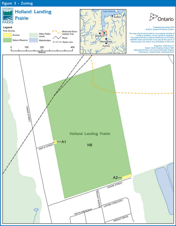 Map of Holland Landing Prairie showing park zoning access, nature reserve, waterbodies, roads and hydro lines.