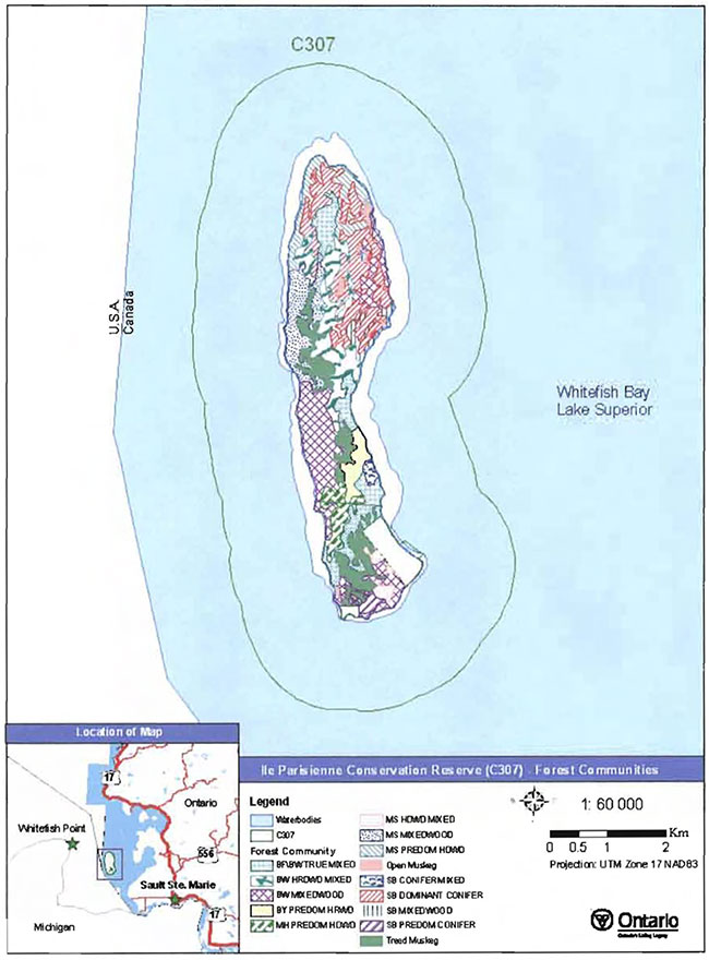 This is a detailed map informing about Forest communities in Ile Parisienne Conservation Reserve.