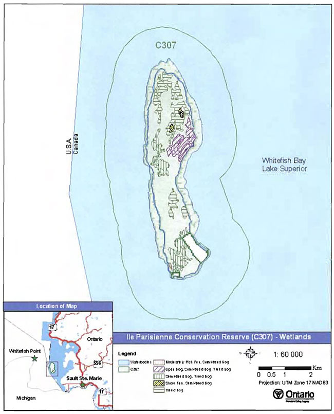 This is a detailed map informing about Wetland communities in Ile Parisienne Conservation Reserve.