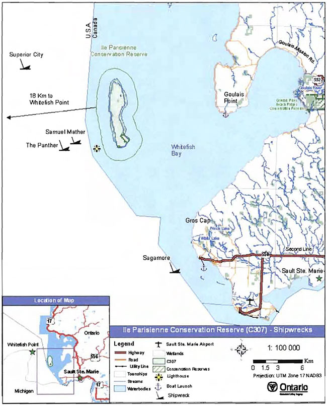 This is a detailed map informing about Shipwreck locations within the vicinity of Ile Parislenne Conservation Reserve.