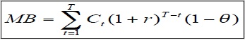 MB equals Summation of uppercase T to lowercase t minus 1, C subscript lowercase t open parenthesis 1 plus r close parenthesis superscript uppercase T minus lowercase t, open parenthesis 1 minus theta close parenthesis.