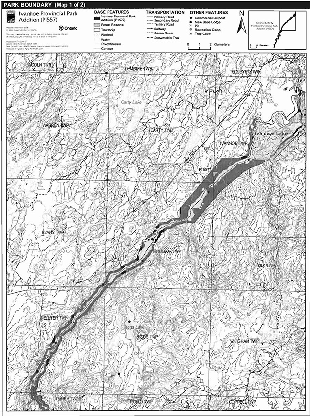 This is figure 2a map depicting the park boundary of Ivanhoe Provincial Park