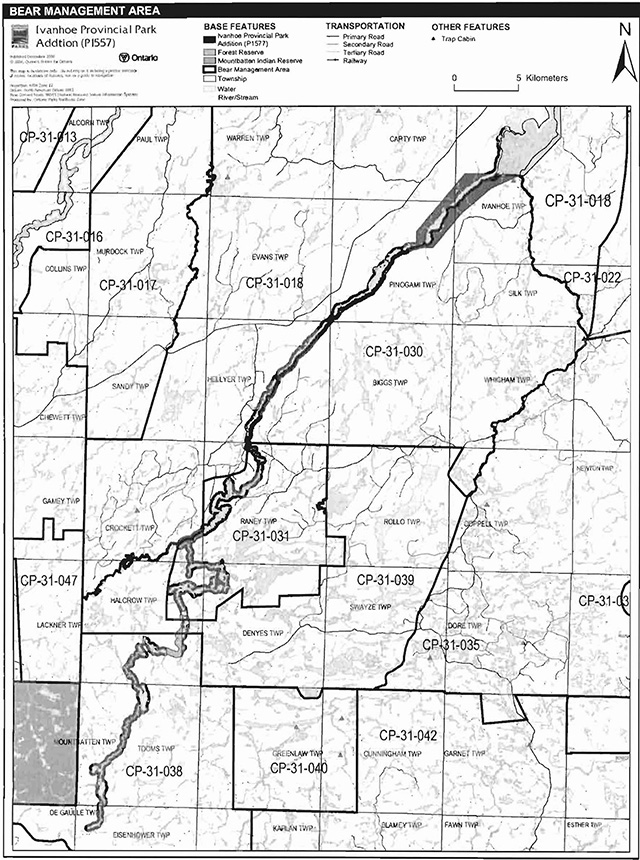 This is figure 3 map depicting bear management areas of Ivanhoe Provincial Park