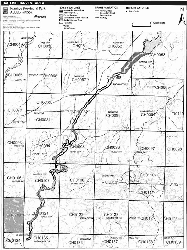 This is figure 5 map depicting baitfish harvesting areas of Ivanhoe Provincial Park