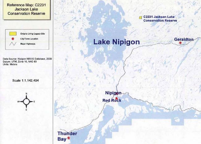 This is the Key Map for Jackson Lake Conservation Reserve illustrating the general location in relation to Thunder Bay, Nipigon, and Geraldton.