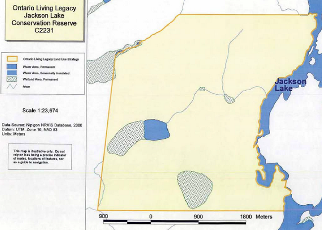 This is a map of Jackson Lake Conservation Reserve illustrating the the outline for Ontario Living Lagacy Land Use Strategy.