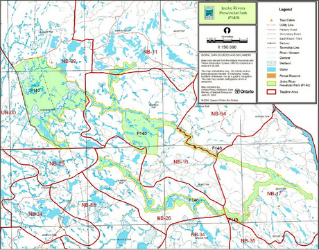 Map showing the trap line areas inside of Jocko Rivers Provincial Park