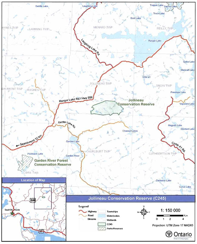 This map shows the Location of Jollineau Conservation Reserve. Jollineau Conservation Reserve is readily accessible from Highway 556, also known as the Ranger Lake Road.