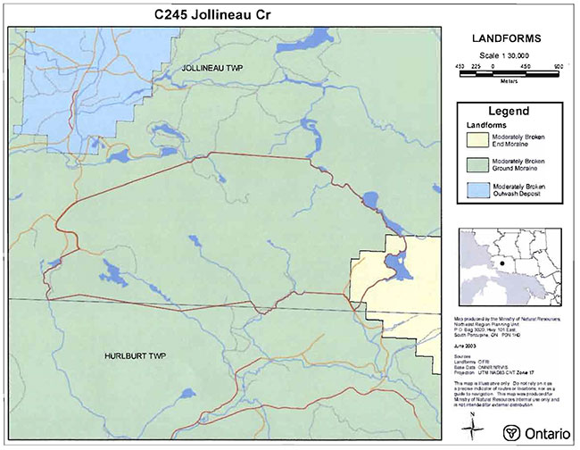 This map shows a detailed information about Landforms in Jollineau Conservation Reserve, according to provincial landform coverage.