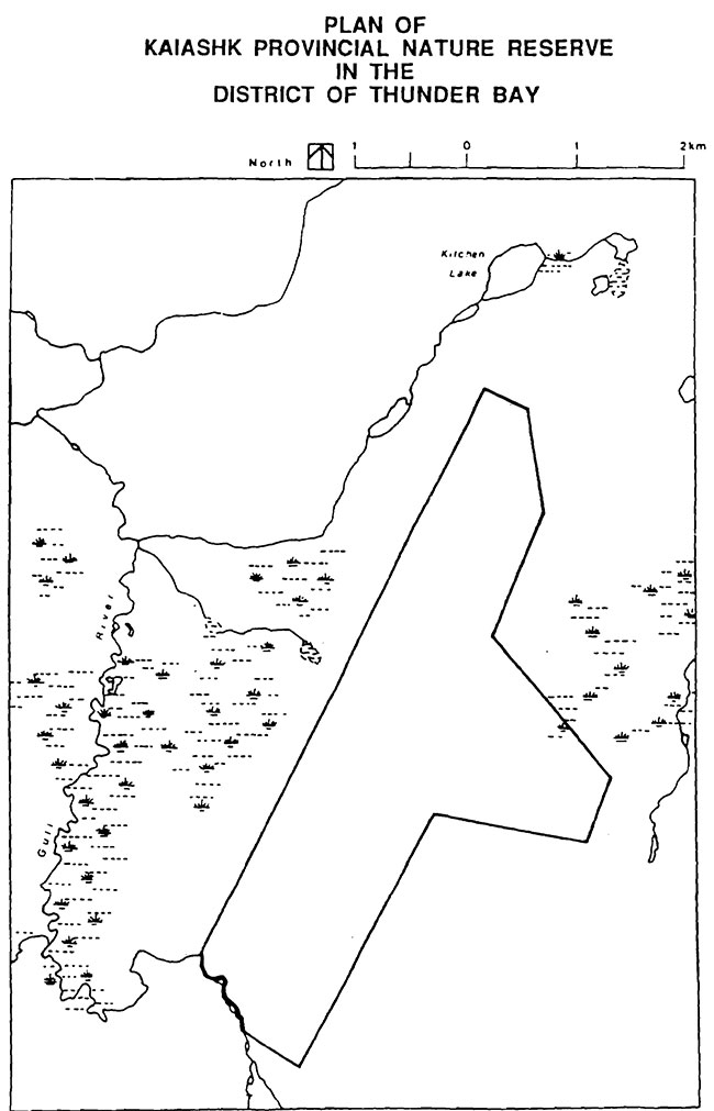 This is a map of the Plan of Kaiashk Provincial Nature Reserve in the district of Thunder Bay. The map depicts the borders of the park, as well as the nearby Gulf River and Kitchen Lake as well as some other unclear topographical features.