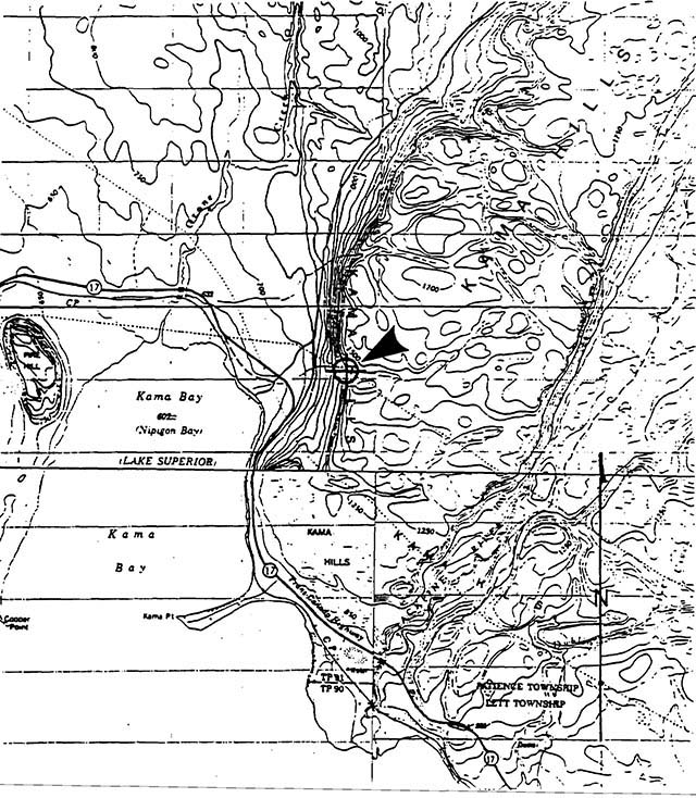 Black and white line map of the Nature Reserve, Lake Superior, Kama Bay and Nipigon District.