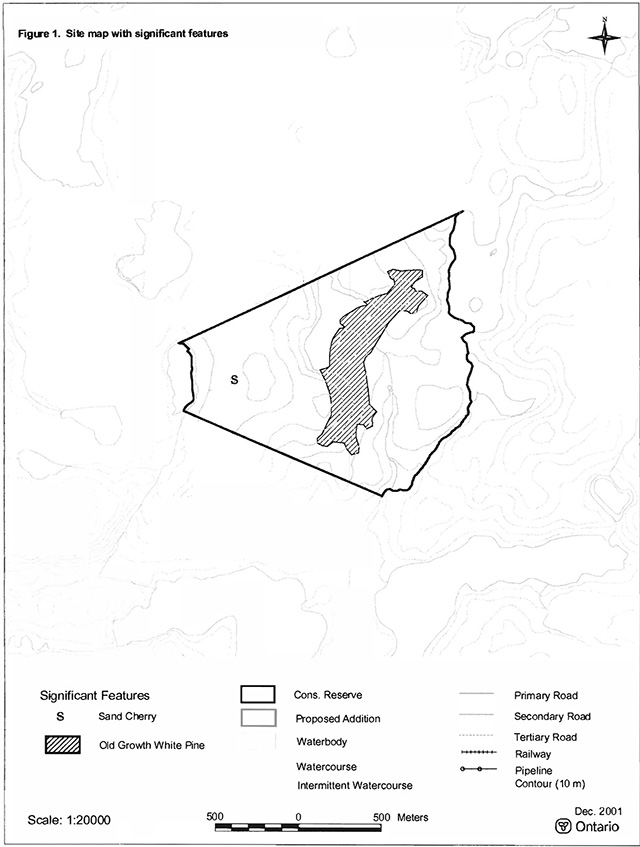 This is figure 1 site map depicting significant features of Kapesakosi Lake Conservation Reserve