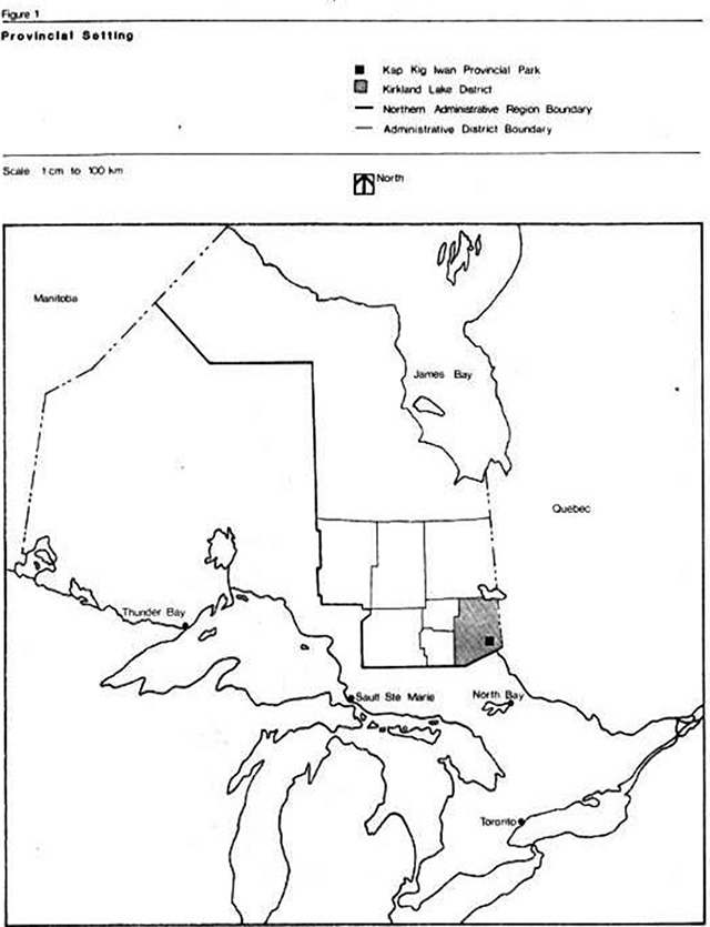 This is figure 1 provincial setting map of the Kap-Kig-Iwan Provincial Park. The map, indicates the Kirkland Lake District as well as the northern administrative region boundary and district boundary in relation to the province of Ontario.