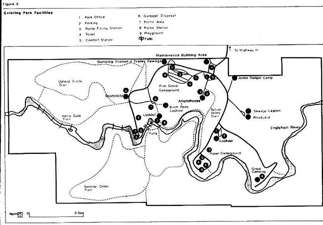 This is figure 5 map for the Kap-Kig-Iwan Provincial Park. The map indicates the existing facilities within the park.