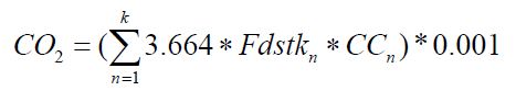 CO subscript 2 baseline = left-parenthesis sigma-summation underscript n = 1 overscript k endscripts 3.664 times Fdstk subscript n baseline times CC subscript n baseline right-parenthesis times 0.001
